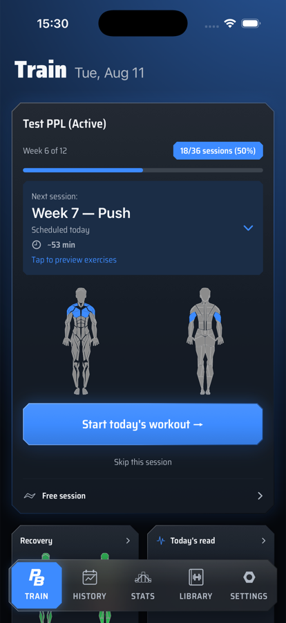 Platebook's Train screen: active program, next session, muscle heatmap, and one button to start.